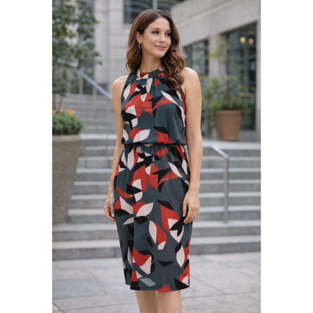 Nine West Geometric Blouson Dress Sz 2 Indie Artsy Graphic Elastic Waist Midi